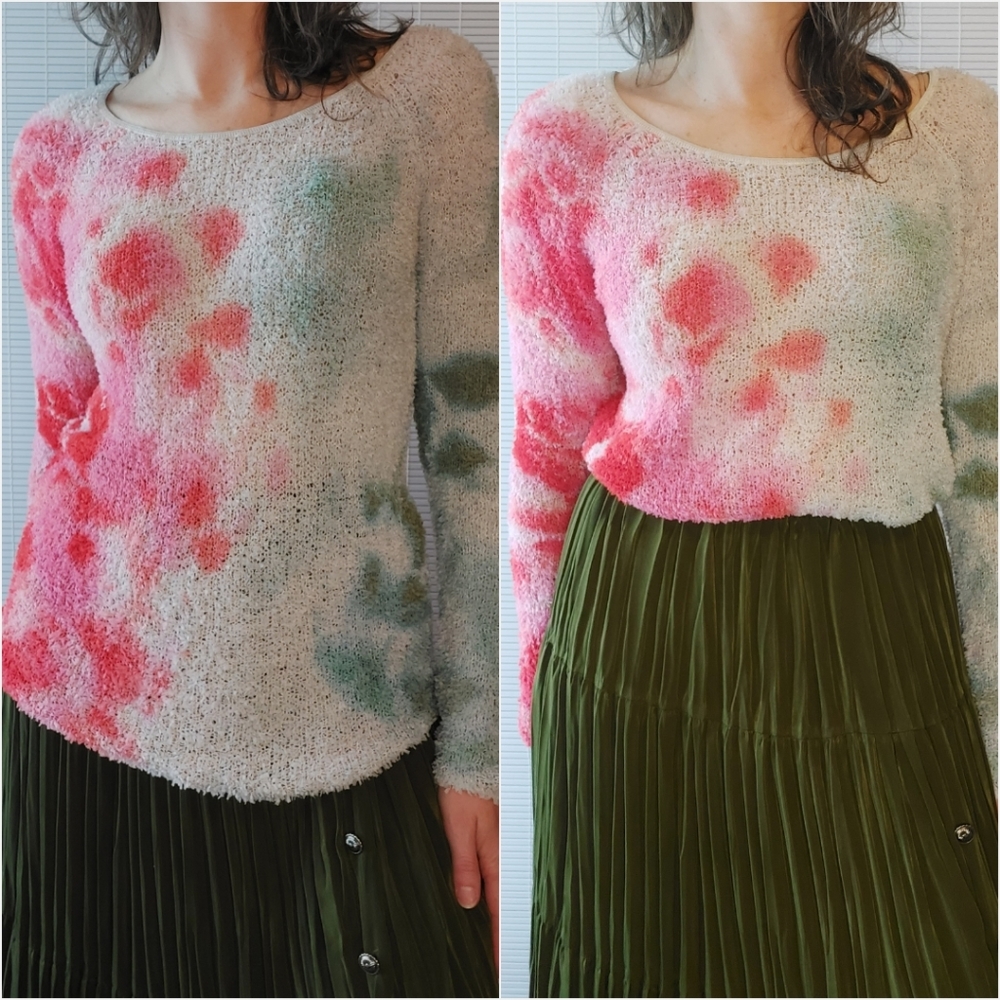 Hot Pink Tie Dye Open Weave Sweater Medium Loose Wide Neck Tunic Raglan